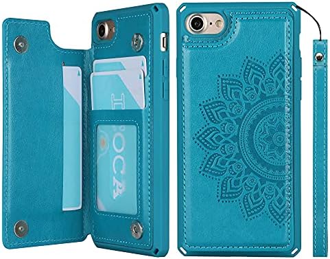 iCoverCase for iPhone SE (2nd) 202078 Wallet Case with Card Slots Holder Stand [RFID Blocking] PU Leather Kickstand Magnetic Shockproof Case with Wrist Strap for Men Women (Mandala Blue), M-Blue