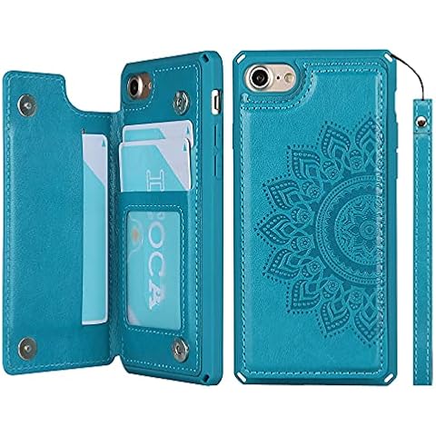 iCoverCase for iPhone SE (2nd) 2020/7/8 Wallet Case with Card Slots Holder Stand [RFID Blocking] PU Leather Kickstand Magnetic Shockproof Case with Wrist Strap for Men Women (Mandala Blue) Cover