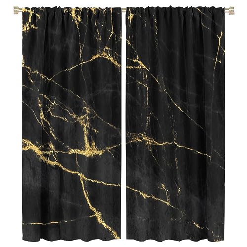SHElifestyle Gold and Black Marble Curtains, Black Marble with Golden Veins Abstract White Yellow Natural Texture Blackout Rod Pocket Window Treatments Drapes for Bedroom Living Room 63x72in