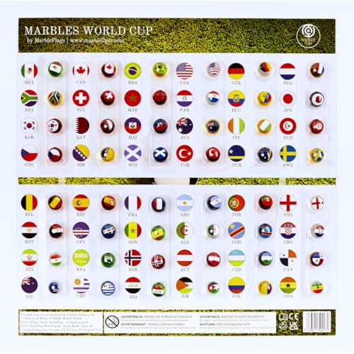 MARBLEFLAGS Colección 48 Canicas con Banderas del Mundial 2026 | Ideal para Circuitos de Canicas y MarbleRun | 16 mm