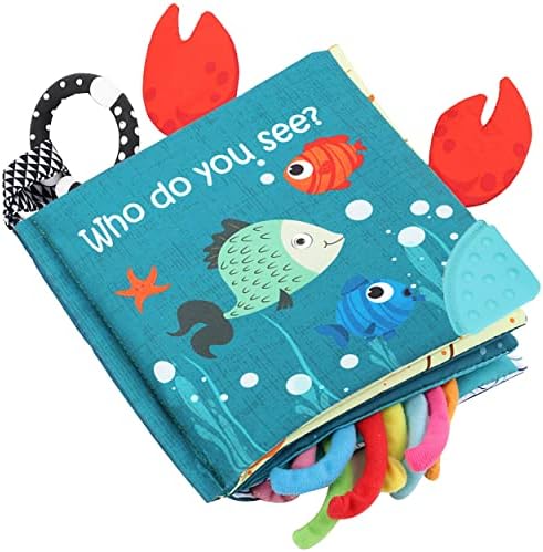 Fish Baby Books Toys, Touch and Feel Cloth Soft Crinkle Books for Babies,Toddlers,Infants,Kids Activity Early Education Toy, Shark Tails Teething Toys Teether Ring, Baby Book Octopus, Ocean Sea Animal