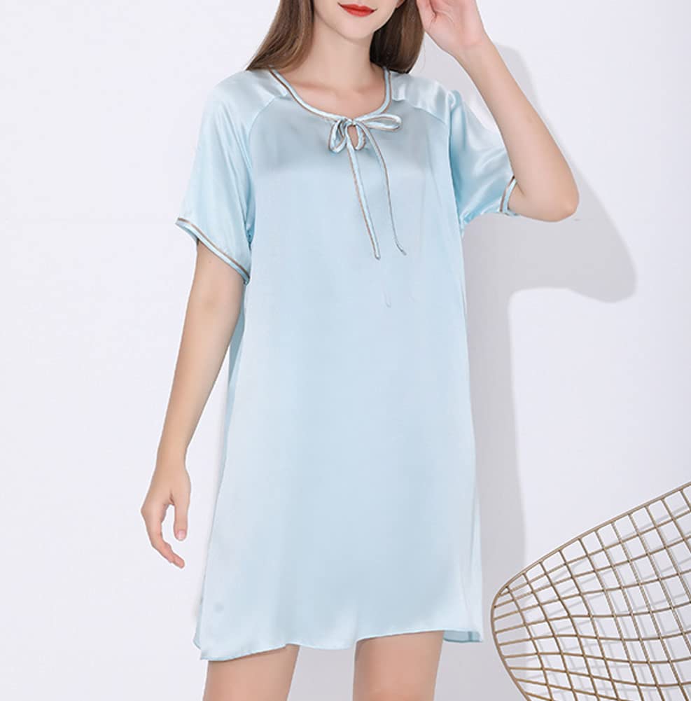 Valin Mujer Azul Claro Simple 100% Seda Pijama Vestido Camisón Camisón Manga Corta 19 Momme Pijama de Seda,XL, S5684