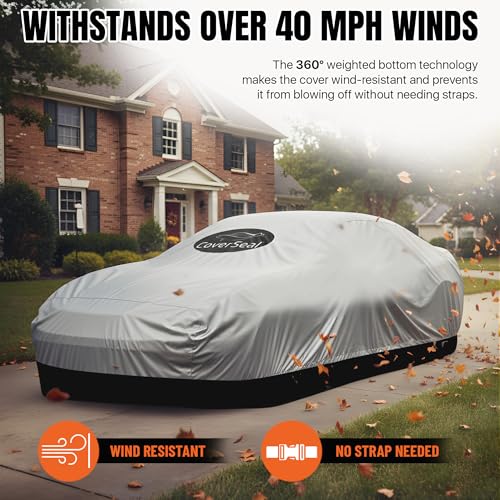 Image of Heavy Duty Outdoor Car Cover with Patented Weighted Ground Conforming Apron Seal - Wind Resistant, Dust, & Water Protection for Automobiles - Sports Size 189 L x 75 W x 67 H inch Max