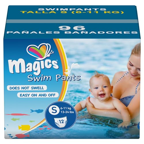 Magics Swim Pants, Pañales Bebé Bañadores Desechables, Talla S (6-11kg), Formato de Cartón Conveniencia 96 Pañales de Nadar