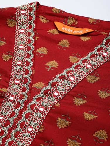Image of INDO ERA Women's Cotton Regular Fit A-Line Ethnic Motifs Embroide Kurta (KT0RD10052)
