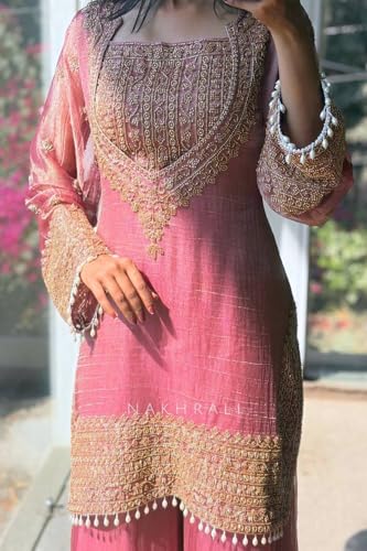 Image of PERFECT CHOICE WOMEN'S Heavy Natural Crep Silk Stitched Ethnic Salwar Kameez - Long Kurti with Embroidered Sleeves, Party & Festival Wear (SF251-ve115 Black1 XXL)