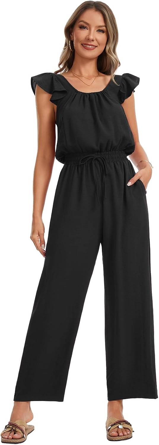 Jumpsuits for Women Summer Casual Square Neck Ruffle Sleeves Rompers Drawstring Wide Leg Overalls with Pockets