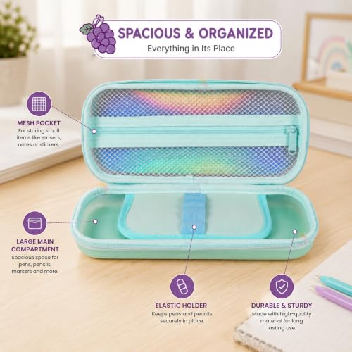 Image of WISHKEY Hard Shell EVA Pencil Box for Girls Cute Cartoon Glitter Pencil Case with Mesh Pocket, Elastic Pen Holder & Dual Zipper Large Capacity Water Resistant Stationery Organizer for School Kids