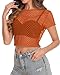 Womens Sheer Mesh Top Fishnet T Shirts Short Sleeve See Through Casual Crop Tops(Orange,M)