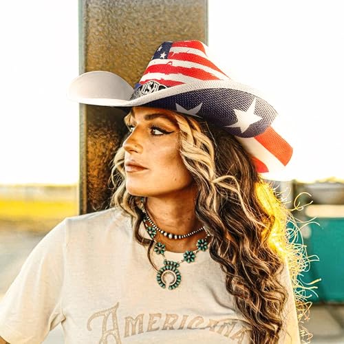 Image of Keilin Straw Cowboy Hat for Women and Men - American Flag Patriotic USA Western Hat 4th July Cowgirl Country Rodeo