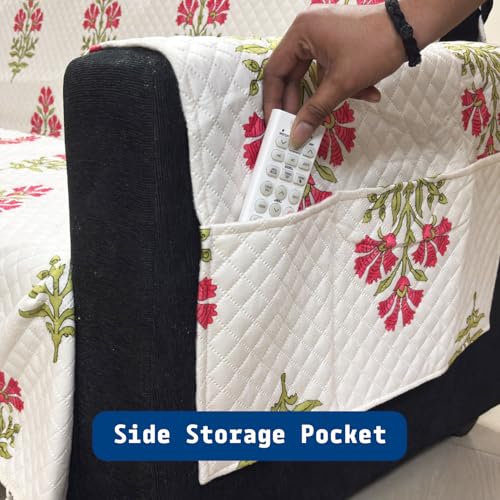 Image of House of Quirk IKATRA Series Quilted Printed Sofa Cover for Indian Sofa Set with Side Pocket - Premium Washable, Anti-Slip, Durable & Ultra Soft Fabric Protector (Ivory Phool, Three Seater)