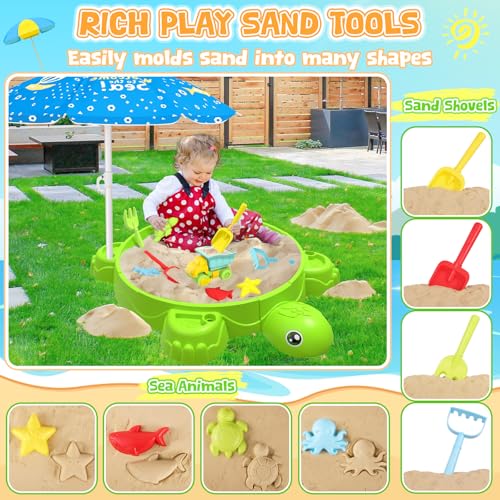 Turtle Sandbox with Lid & Adjustable Umbrella, Sand Pit with Dump Truck, 8PCS Beach Toys Set for Toddler 3-5, Outdoor Indoor Play Sand Activity Sensory Playset Summer Backyard Gift for Boys Girls