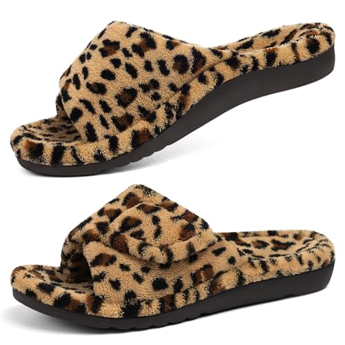 shevalues Orthopedic Slippers for Women with Arch Support Adjustable Open Toe House Shoes for Plantar Fasciitis, Leopard Brown 39