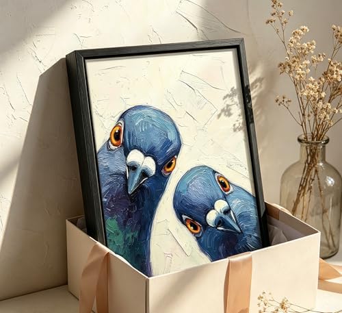 Framed Whimsical Pigeon Wall Art, Blue Birds Oil Painting Canvas Prints, Funny Bird Portrait Wall Decor, Modern Animal Poster Artwork, for Living Room Bedroom Bathroom Decoration, 8x10in — view 6