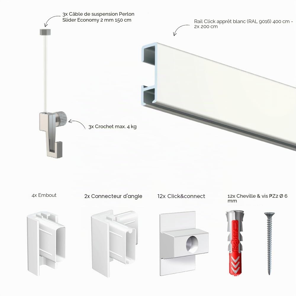 Artiteq Click Rail Cimaise pour Tableaux, 400 cm Blanc Primer (RAL 9016) Peignable – Kit Complet avec Fils Transparents, Crochets et Matériel de Fixation, Capacité 30 kg/m