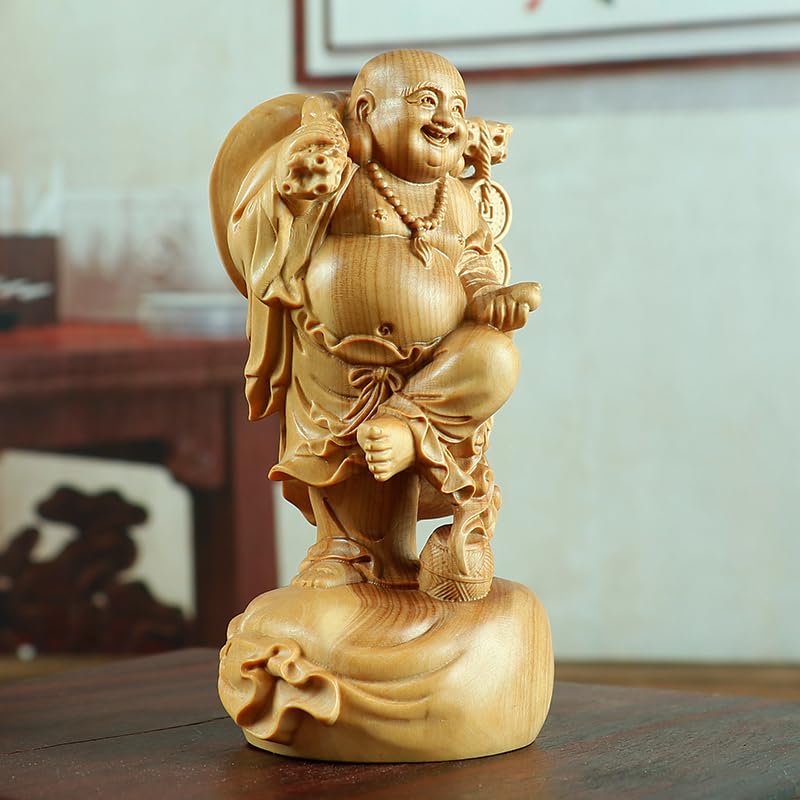Amazon.co.jp: 布袋様置物 七福神 布袋様 銅銭弥勒 級天然ツゲ木彫り