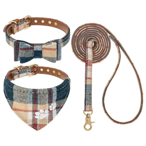 EXPAWLORER Dog Collar and Leash Set - Embroidery Pawprints Plaid With Bow Tie and Bandana, Adorable for Dogs Cats Outdoor Walkin