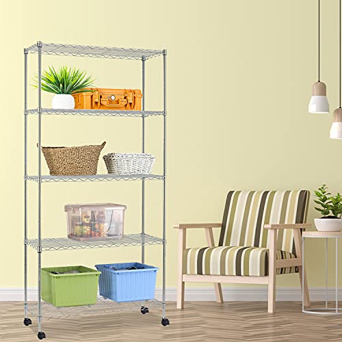 5-Tier Shelving Unit Storage Shelves with Wheels Heavy Duty Metal Storage Rack NSF Height Adjustable for Laundry Bathroom Kitchen Garage Pantry Organization -60\"x30\"x14\"(Chrome)