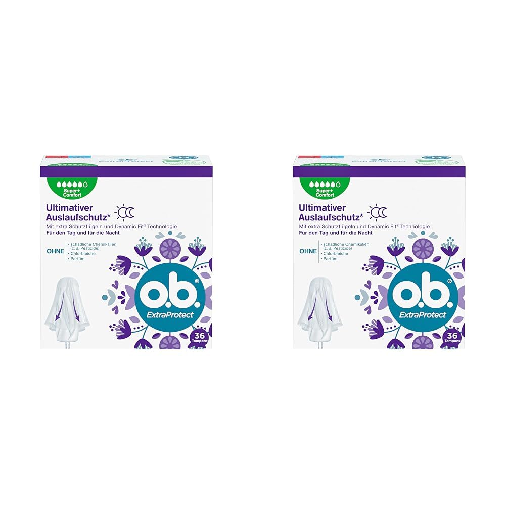 o.b. ExtraProtect Super+ Comfort, Tampons für sehr starke Tage mit DynamicFit Technologie & extra Schutzflügeln, ultimativer Auslaufschutz* (36 Stück) (Packung mit 2)