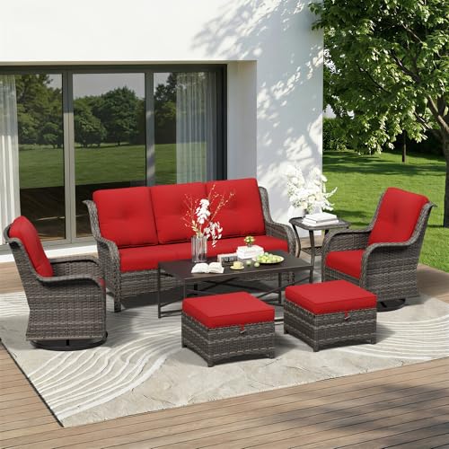 Image of 7 Piece Outdoor Wicker Patio Furniture Set, Outdoor Swivel Rocker Patio Chairs Set with Thickened Olefin Cushions, High Back and Deep Seating, Hand-Woven PE Rattan for Porch, Deck
