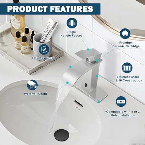 Image of Herogo Touchless Bathroom Sink Faucet, Automatic Sensor Brushed Nickel Waterfall Stainless Steel Bathroom Faucet with Brass Pop Up Drain for Vanity RV Lavatory Farmhouse