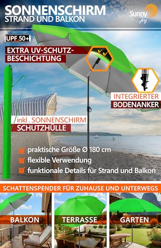 4smile Sonnenschirm Strand 180 cm in Grün - Höhenverstellbarer Strandschirm SunnyJoy UPF 50+ für Sonnenschutz Strand, Strandschirm windfest stabil - Sonnenschirm mit Schutzhülle, Gartenschirm – Bild 3