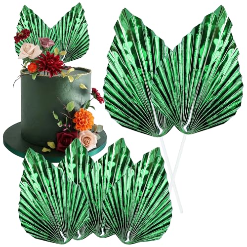 Gyufise 6Pcs Paper Palm Fan Cake Toppers Palm Spear Leaves Fan Cupcake Toppers Cake Insert Decorations Craft DIY Cake Bakeware Decoration for Birthday Party Wedding Party Decor Supplies Light Green