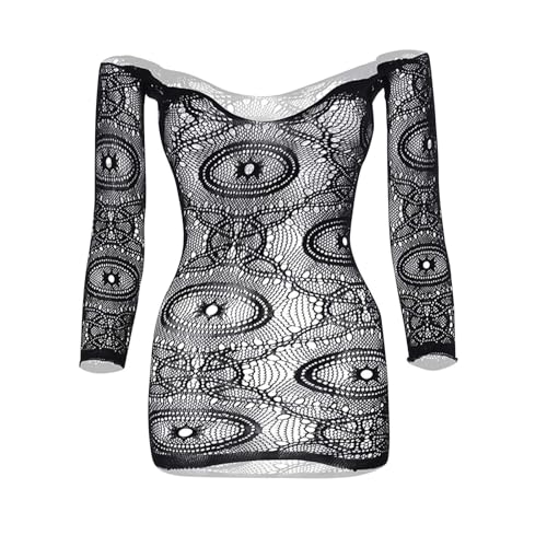 Cambkatl Men's Sheer Lace Lingerie Bodysuit Sissy Long Sleeve Square Neck Bodycon Mini Dress Crossdress One Piece Nightwear