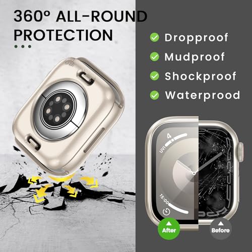 Image of 3 in 1 Goton Waterproof Hard Case for Apple Watch Screen Protector 45mm, 360 Slim Full Protective Tempered Glass Face Cover + Back Hard PC Bumper for iWatch Series 9 /8 /7, 45mm Starlight