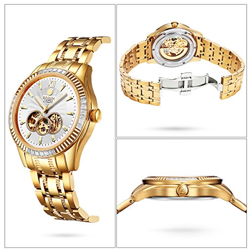 Image of BINLUN Men's Automatic Gold Watches 18K Gold Plated Diamond Mechanical Watch Waterproof Stainless Steel Skeleton Wrist Watch for Men