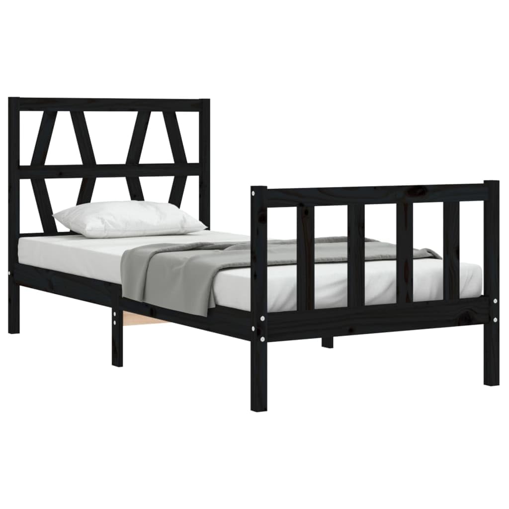 lite drewno sosnowe z wezgłowiem i zanóżkiem 75x190 cm czarny | Rama łóżka z wezgłowiem i zanóżkiem, czarna, lite drewno sosnowe, 195,5x80,5x100 cm, listwy ze sklejki, do sypialni, bez