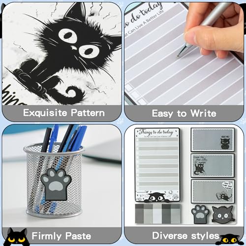 GROBRO7 Lustiges Katze Haftnotizen Set - 550Blatt Schwarze Katze Niedlicher Cartoon Selbstklebende Notizblöcke, Everything is Fine Niedlich Paw Geformt für Halloween Party Schule Heimbüro Geschenk