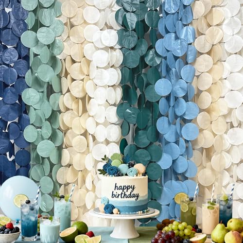 Image of 205 Ft Sage Green Dusty Blue Khaki Beige Circle Dot Backdrop Garland Tissue Paper Polka Dots Hanging Streamer for Birthday Wedding Silly Goose Themed Party Decorations Supplies