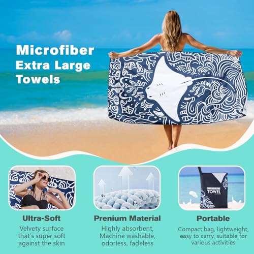 XSMEI Manta Ray Beach Towel Oversized 36\" x 72\", Ocean Animal Print, Sand Free Quick Dry Towels for Swimming Camping Sports Travel, Thin Lightweight and Compact, Navy Blue