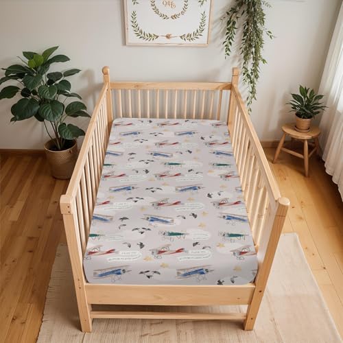 Image of Vintage Planes Birds Sky Baby Crib Sheets for Boy Girl 28 inchx52 inch Retro Flying Airplanes Soft Stretchy Fitted Crib Mattress Covers Aircraft Travel Baby Sheets for Standard Crib & Toddler Mattress Pad