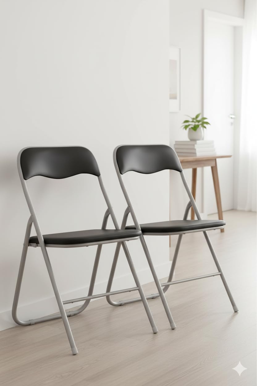 HAEST - Lot de 2 Chaises Pliantes, Chaise Pliante Rembourrée avec Cadre en Métal & Similicuir, Gain de Place, Charge Max. 100 kg, Idéale pour Cuisine & Jardin, Argent-Noir