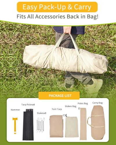 Camping Tarp with Poles, 10x18FT Tarp Shelter, No Guy Lines, Beige, Fast Setup, Water-Resistant 210D Oxford Fabric, 8.5FT Assembled Poles, Fits Up to 10 People for Camping & Picnic - image 7