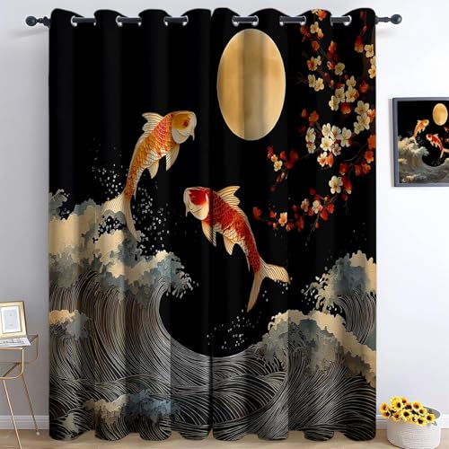 Cortinas Opacas Termicas Aislantes Frio y Calor de Casa Cortina 100% Blackout Japón Olas Flores Peces, Acustica con Ojales para Salon Dormitorio 2 Piezas, Negro, 140x 175 cm
