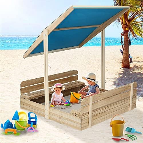 Sandbox for Kids Wooden Outdoor with lid with Cover Toddlers, 2 Bench Seats, Stable Sandbox with Lid Sun Protection Function for Garden, Beach, Backyard 48 x 48 INCH
