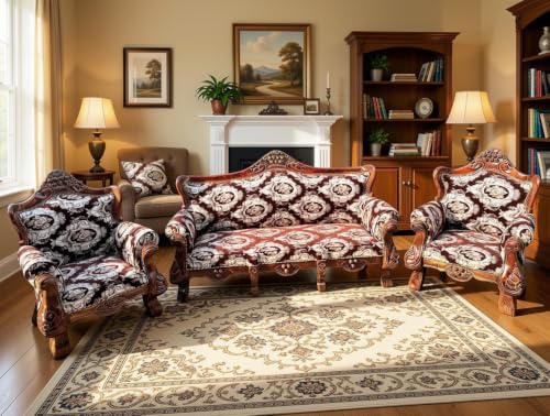Image of Wooden 5 Seater Sofa Set, Solid Wood Sofa | 3+1+1 with Cushion Seating | Traditional Design Furniture for Living Room, Home, Office, Bedroom