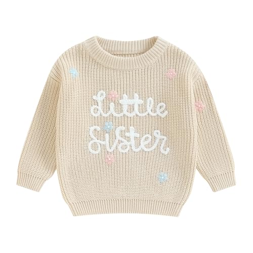 Toddler Baby Girl Boy Long Sleeve Knit Sweater Brothers Sisters Letter Embroidery Round Neck Pullover Fall Winter Tops (Little Sister Floral Beige, 0-3 Months)