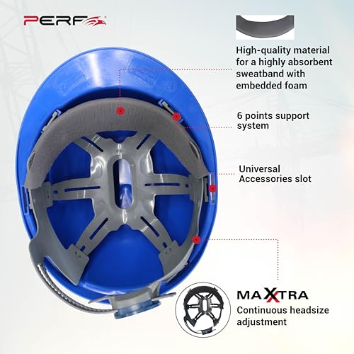Image of PERF Safety Helmet for Construction & Outdoor Work|Easy 3D Fitting System for Any Head Size|Lightweight|4-Point Support, Easy Impact Absorption Sweatband|Maxxtra|Blue
