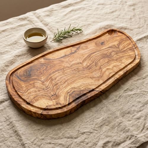 Maison Zayt - Planche de Service Bois d'Olivier Massif avec Rainure - Encoche Sauce Intégrée - Plateau Viande Fromage Apéritif 40cm - Live Edge - Artisanat...