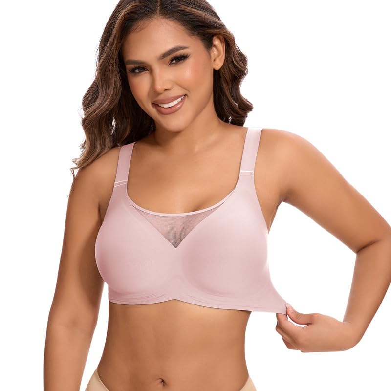 Jiuday BH Damen ohne Bügel Große Brüste Starker Halt Bügelloser Push Up Seitenträger BH Nahtloser Bequem Klassische Soft T Shirt Bra Gepolstert Mesh Bralette (322-Rosa,S)