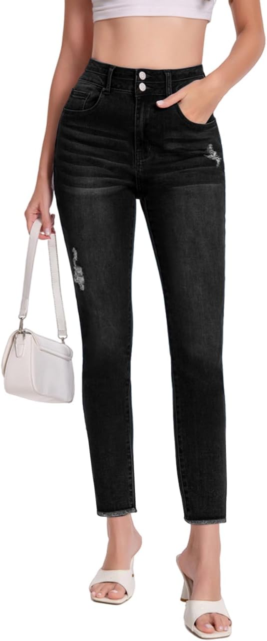 MIFOCAL Women's High Waisted Jeans Casual Stretchy Raw Hem Ripped Straight Leg Ankle Denim Pants - Image 3