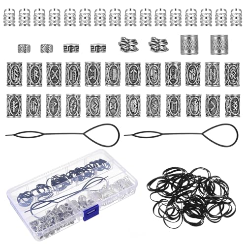 48 Stück Bartperlen zum Klipsen Bartperle Wikinger Haarperlen zum Klipsen Bartschmuck Perlen für Dreadlocks Braids Schmuck Dekoration mit 50 Bartgummis Männer Schwarz & 2 Fädelhilfen & 1 Box
