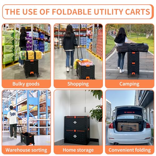 Einkaufstrolley Klappbar Einkaufswagen Trolley mit Einer Separaten Faltbaren Aufbewahrungsbox 60L Große Kapazität Handwagen mit 360°Drehbare Gummiräder mit Bremse & Deckel Transport Folding Cart