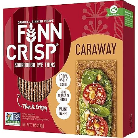 Finn Crisps Rye Crispbread with Caraway 7oz | Thin, Crispy Rye Flatbreads with Caraway | Authentic Finnish Sourdough Crispbread | Caraway Rye Crackers by Finn Crisp [7oz Box] Cover