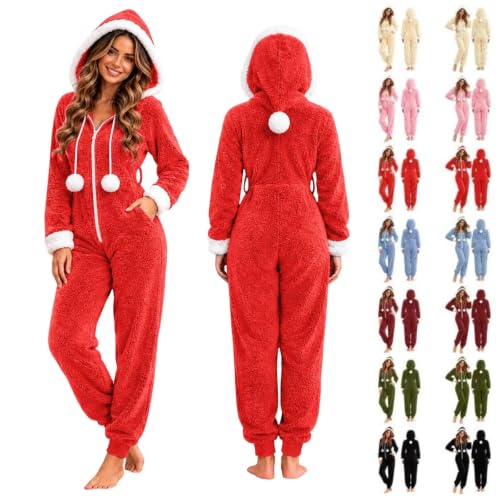 XINGJIAARTS Womens Flannel Pajamas Christmas Fuzzy Warm Hooded Pajamas Jumpsuit Zip Up Sleepwear Fleece Winter Cosplay Suit Red Small - image 1
