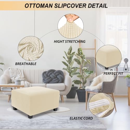 Image of NeColorLife Stretch Ottoman Cover Square Oversized Soft Knitted Jacquard Thick Covers for Large Square Ottoman Storage Stool Furniture Protector Beige X-Large